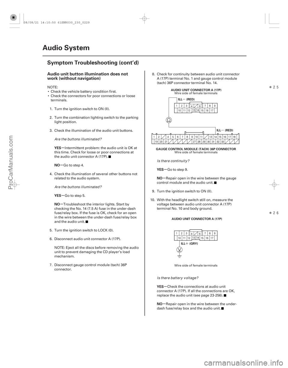 ACURA CSX 2006  Service Repair Manual Î
Î
(## 
)

µ µ
´
µ
µ
µ
µ µ
µ
µ
µ
Audio unit button illumination does not
work (without navigation)
YES
NO
YES
NO YES
NO
YE