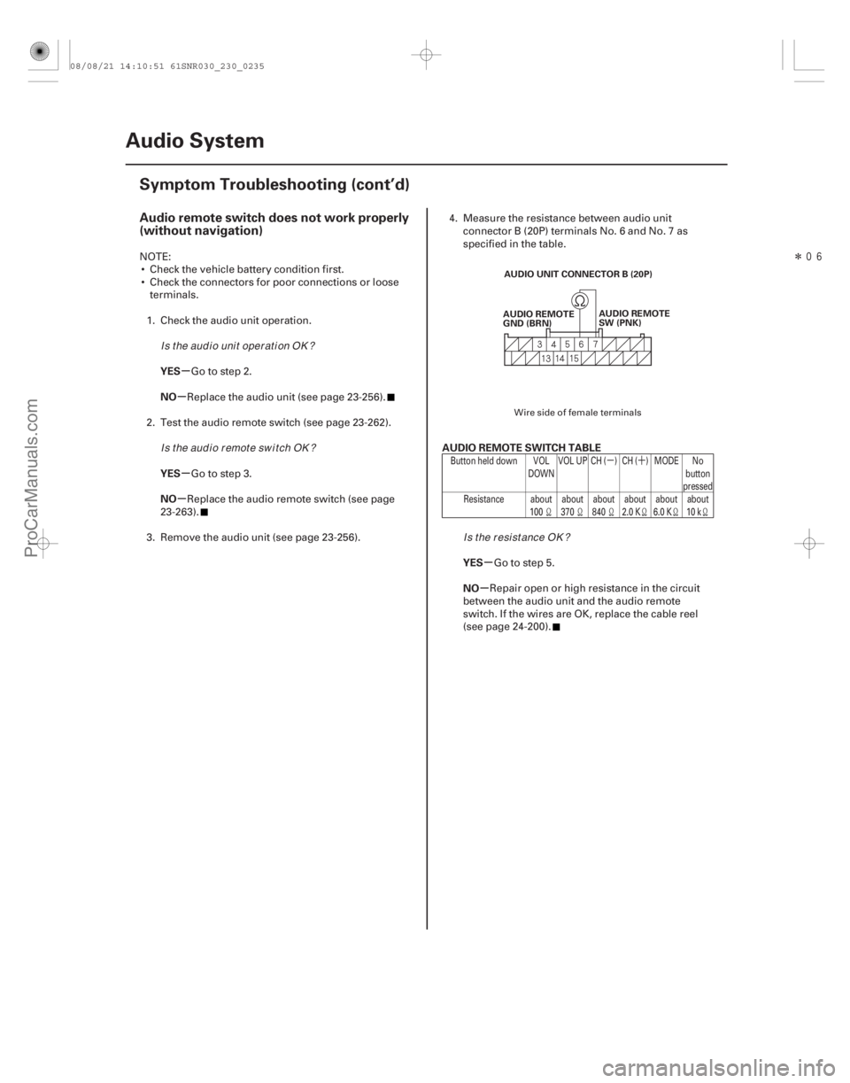ACURA CSX 2006  Service Repair Manual Î
(#
)
µ´
µ
µ
µ
µ
µ
µ
Audio remote switch does not work properly
(without navigation)
YES
NO
YES
NO AUDIO REMOTE SWITCH TABLE
YES
NO