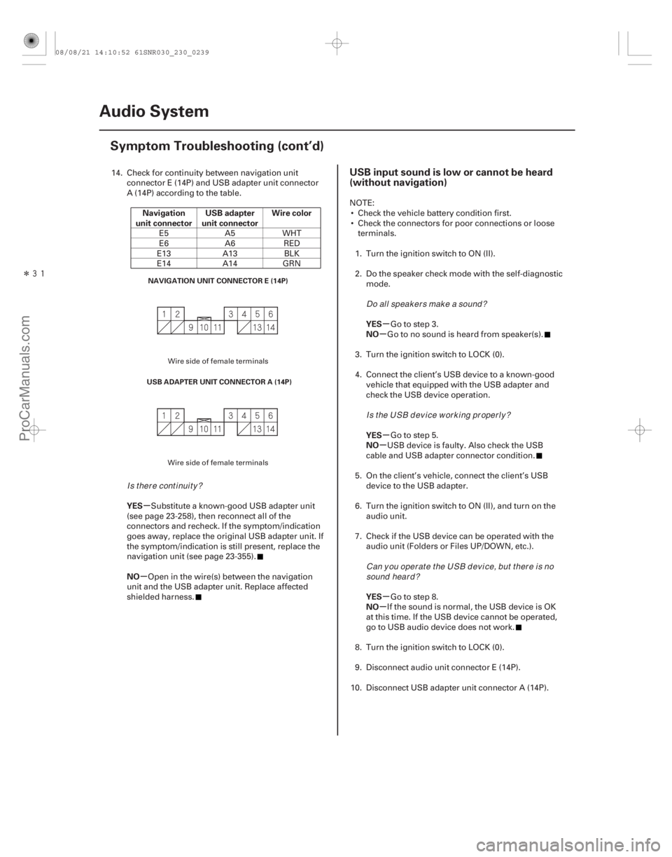 ACURA CSX 2006  Service Repair Manual Î
(## 
)
µ
µ µ
µ
µ
µ
µ
µ
Navigation
unit connector USB adapter
unit connector Wire color
YES
NO YES
NO
YES
NO
YES
NO
USB input sound i