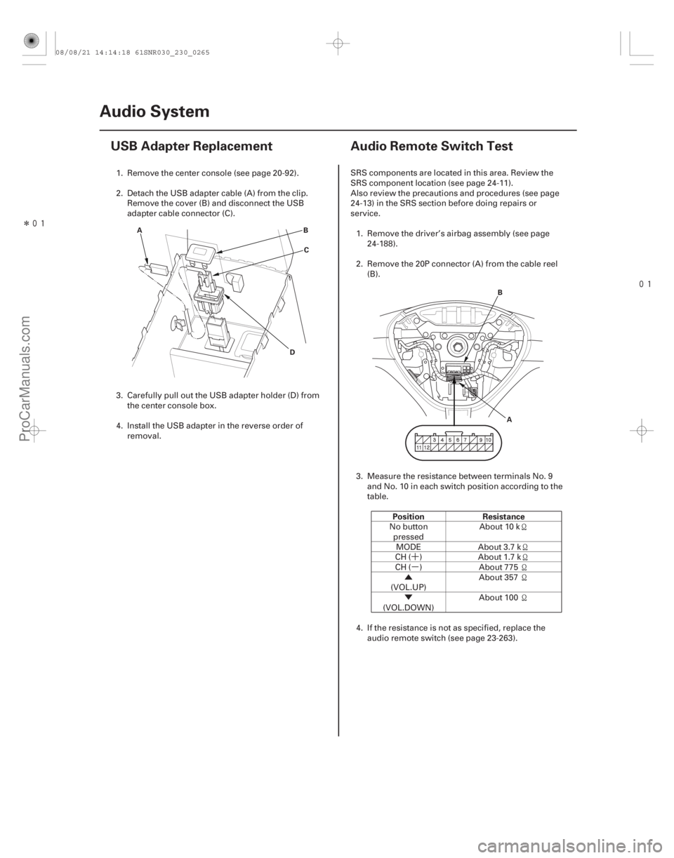 ACURA CSX 2006  Service Repair Manual Î
(#
 )
´
µ
Û
Ý

(#





) Position Resistance
23-26223-262Audio System
USB Adapter Replacement
A