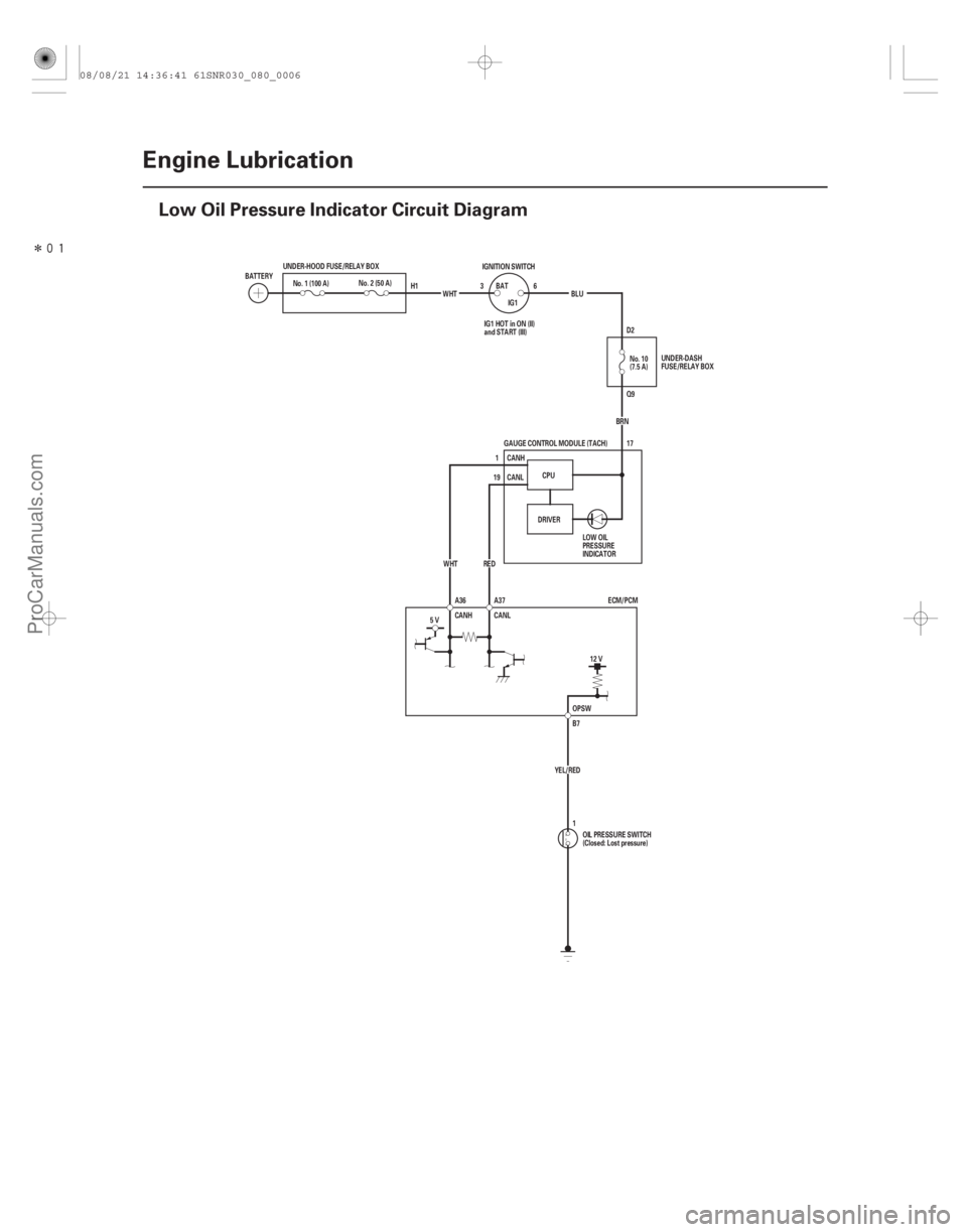 ACURA CSX 2006  Service Owners Manual Î
(#
)
8-6Engine Lubrication
Low Oil Pressure Indicator Circuit Diagram
D2
Q9
H1
191
17
36
B7
CANL
CANH DRIVERBRN
12 V
5V GAUGE CONTROL MODULE (TACH)