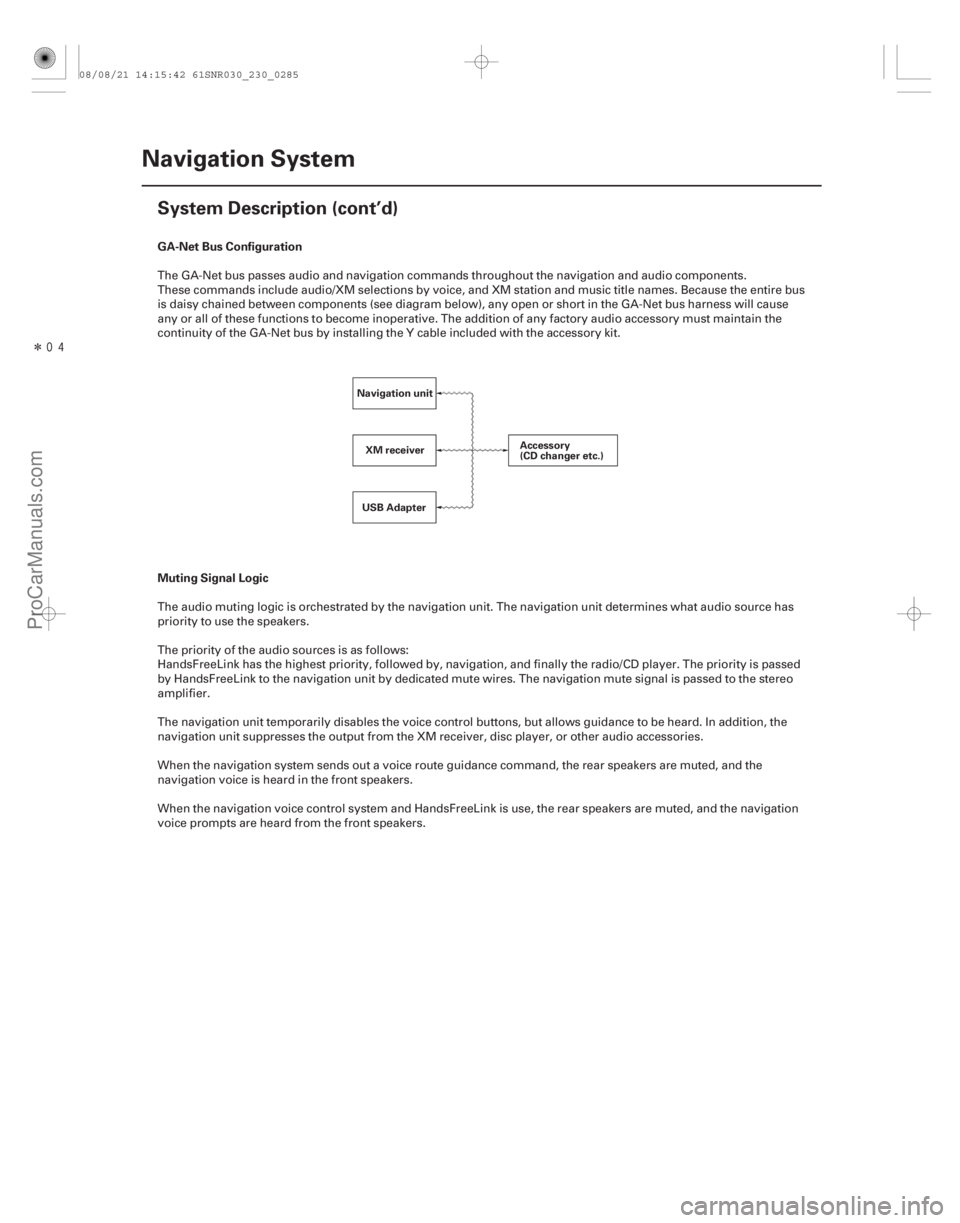 ACURA CSX 2006  Service Repair Manual ÎGA-Net Bus Configuration
Muting Signal Logic
23-282Navigation System
System Description (cont’d)
Navigation unit
Accessory
(CD changer etc.)
XM receiver
USB Adapter
The GA-Net bus passes audi