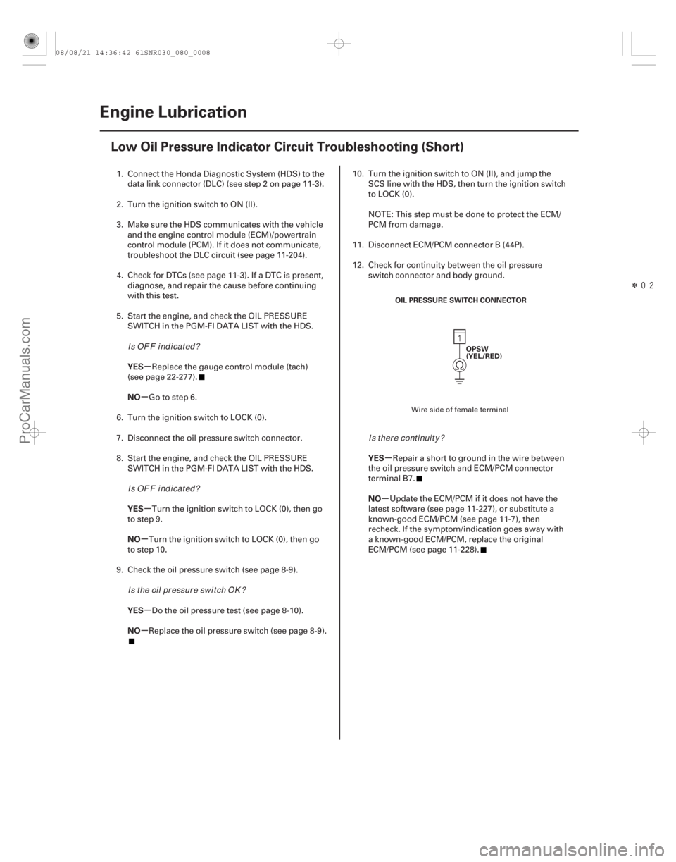 ACURA CSX 2006  Service Repair Manual Î
(#)
µ
µ
µ
µ
µ
µ µ
µ
YES
NO
YES
NO
YES
NO YES
NO
8-8Engine Lubrication
Low Oil Pressure Indicator Circuit Troubleshooting (Short)

