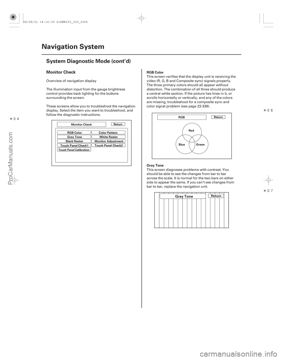ACURA CSX 2006  Service Repair Manual ÎÎ
Î
Monitor CheckRGB Color
Gray Tone
23-302Navigation System
System Diagnostic Mode (cont’d)
Return
Touch Panel Calibration ReturnMonitor Check
RGB Color
Gray Tone Color Pattern
W