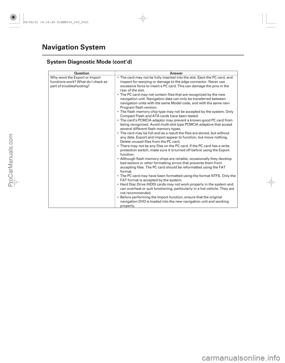 ACURA CSX 2006  Service Repair Manual QuestionAnswer
23-318Navigation System
System Diagnostic Mode (cont’d)










Why wont the Export or Import
functions work? What do I check as
part of troubleshooting?
The card may not 