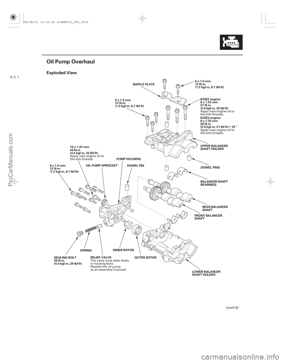 ACURA CSX 2006  Service Repair Manual Î
(#!)
´
Exploded View
8-15
Oil Pump Overhaul
6x1.0mm
12 N·m
(1.2 kgf·m, 8.7 lbf·ft)K20Z2 engine:
8x1.25mm
27 N·m
(2.8 kgf·m, 20 lbf·ft)
UPPE