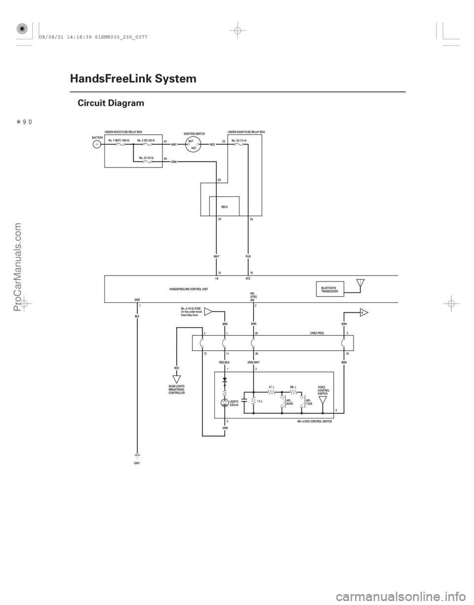 ACURA CSX 2006  Service Repair Manual Î(##
)
´
23-374HandsFreeLink System
Circuit Diagram
UNDER-HOOD FUSE/RELAY BOX
Q1E5
WHT 15 16
ORN
RED
WHT
ACC
BAT
IGNITION SWITCH
No. 23 (10 A)
No. 