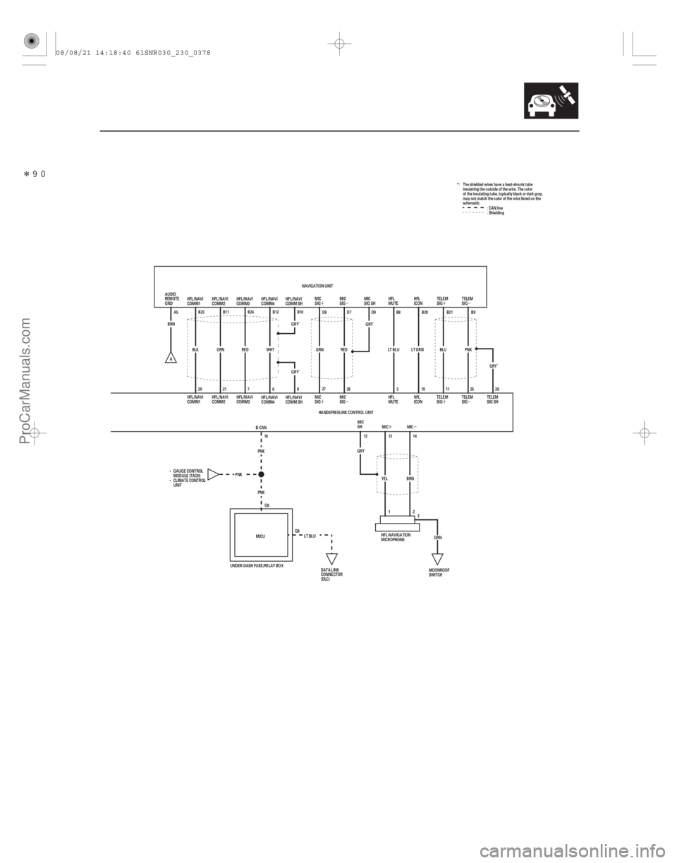 ACURA CSX 2006  Service Repair Manual Î
´µ´ µ
´µ ´ µ
´µ
23-375
3
27
HANDSFREELINK CONTROL UNIT
MIC
SIG
MIC
SIG HFL
MUTE
BRN
YEL
HFL-NAVIGATION
MICROPHONE HFL
ICON
TELEM
SIG TELEM
SIG
12 13 14
D8 D7 D9 B8 B20 B21 