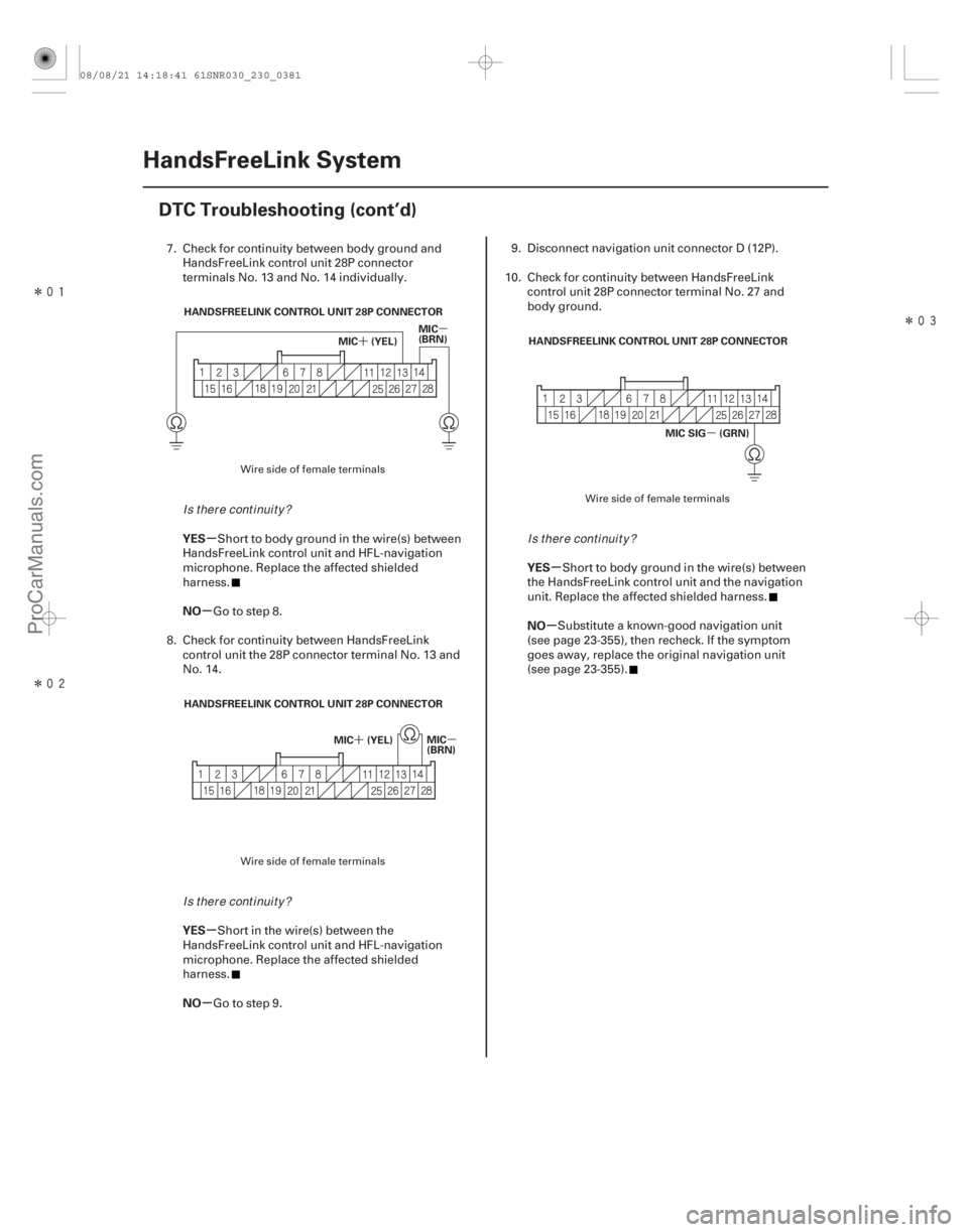 ACURA CSX 2006  Service Repair Manual Î
ÎÎ
´
µ
´ µ µ
µ
µ
µ
µ µ
µ
YES
NO
YES
NO YES
NO
23-378HandsFreeLink System
DTC Troubleshooting (cont’d)
HANDSFREELINK CONTROL UNIT 28P CONNECTOR
MIC (YEL)MIC
