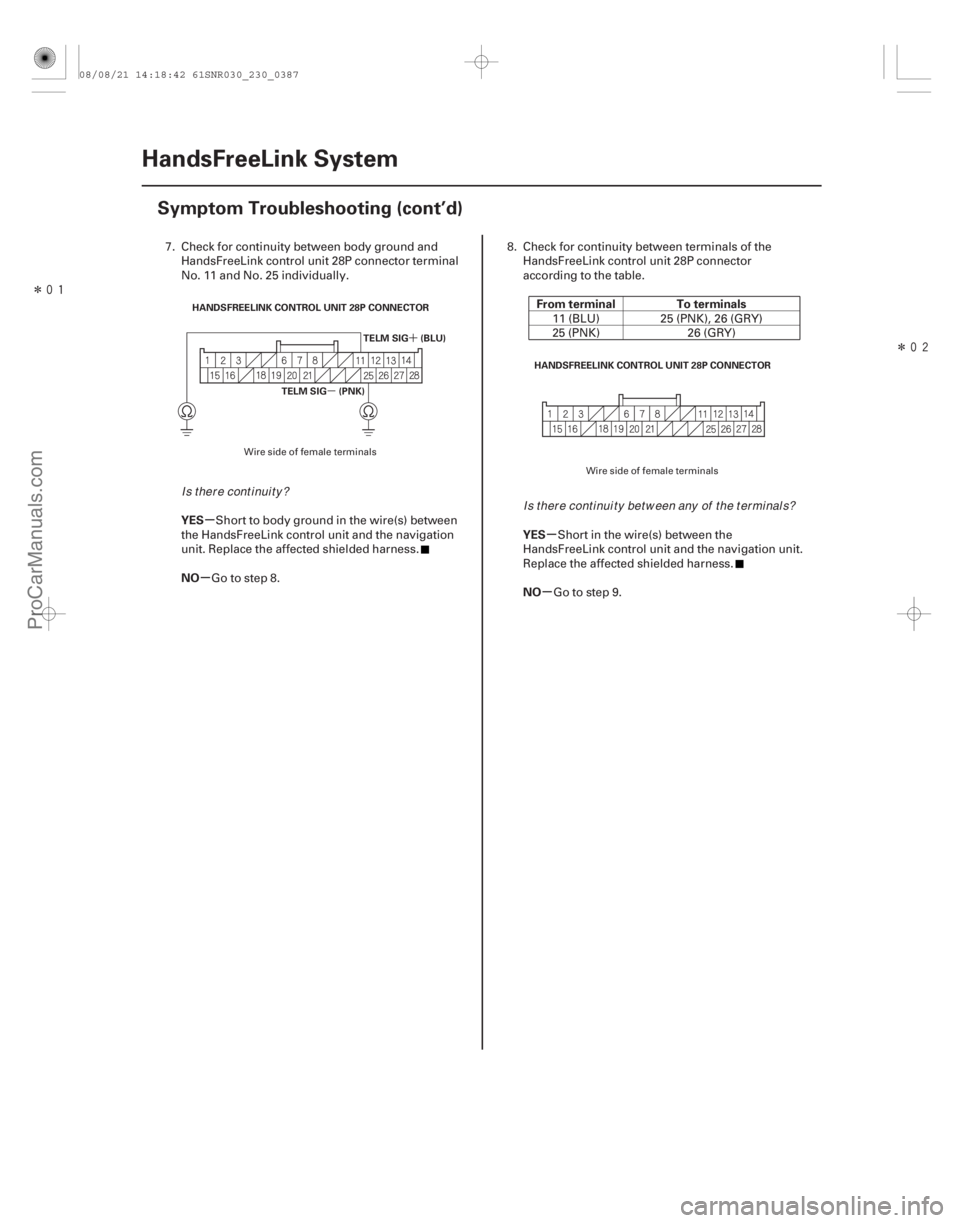 ACURA CSX 2006  Service Repair Manual Î
Î
µ´
µ
µ µ
µ
YES
NO From terminal To terminals
YES
NO
23-384 HandsFreeLink System
Symptom Troubleshooting (cont’d)
HANDSFREELINK CONTROL UNIT 28P CONNECTOR
TELM SIG (PNK)TEL