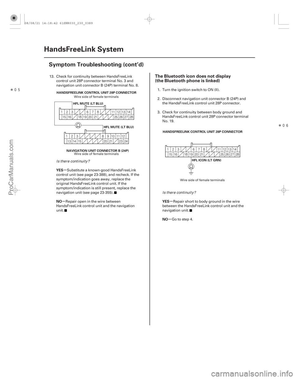 ACURA CSX 2006  Service Repair Manual Î
Î
(##
)
µ
µµ µ
YES
NO YES
NO
The Bluetooth icon does not display
(the Bluetooth phone is linked)
23-38623-386HandsFreeLink System
Sym