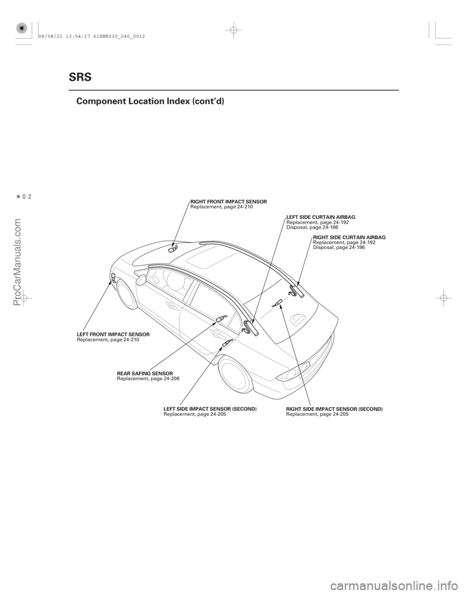 ACURA CSX 2006  Service Repair Manual Î
24-12SRS
Component Location Index (cont’d)
RIGHT FRONT IMPACT SENSOR
LEFT SIDE CURTAIN AIRBAG
RIGHT SIDE CURTAIN AIRBAG
REAR SAFING SENSOR RIGHT SIDE IMPACT SENSOR (SECOND)
LEFT SIDE IMPACT 