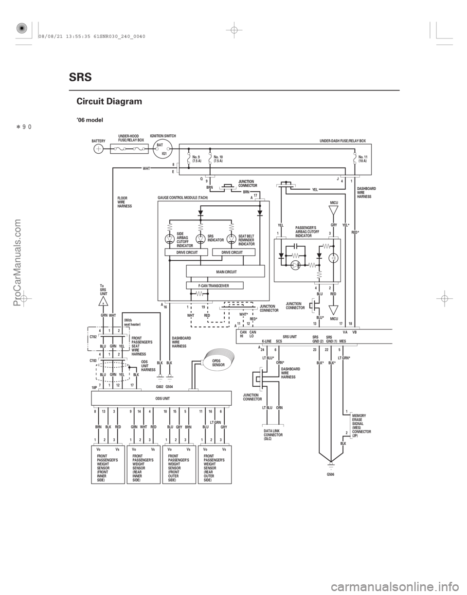 ACURA CSX 2006  Service Repair Manual Î(#) ’06 model
24-40SRS
Circuit Diagram
GRN
BLU YEL
214 Q
E
G504
G602
BLK
LT GRN*
BLK*
BLK*
ORN*
LT BLU*
WHT*
RED* BLU*RED*
YEL*
2 1
G506 5
22
23