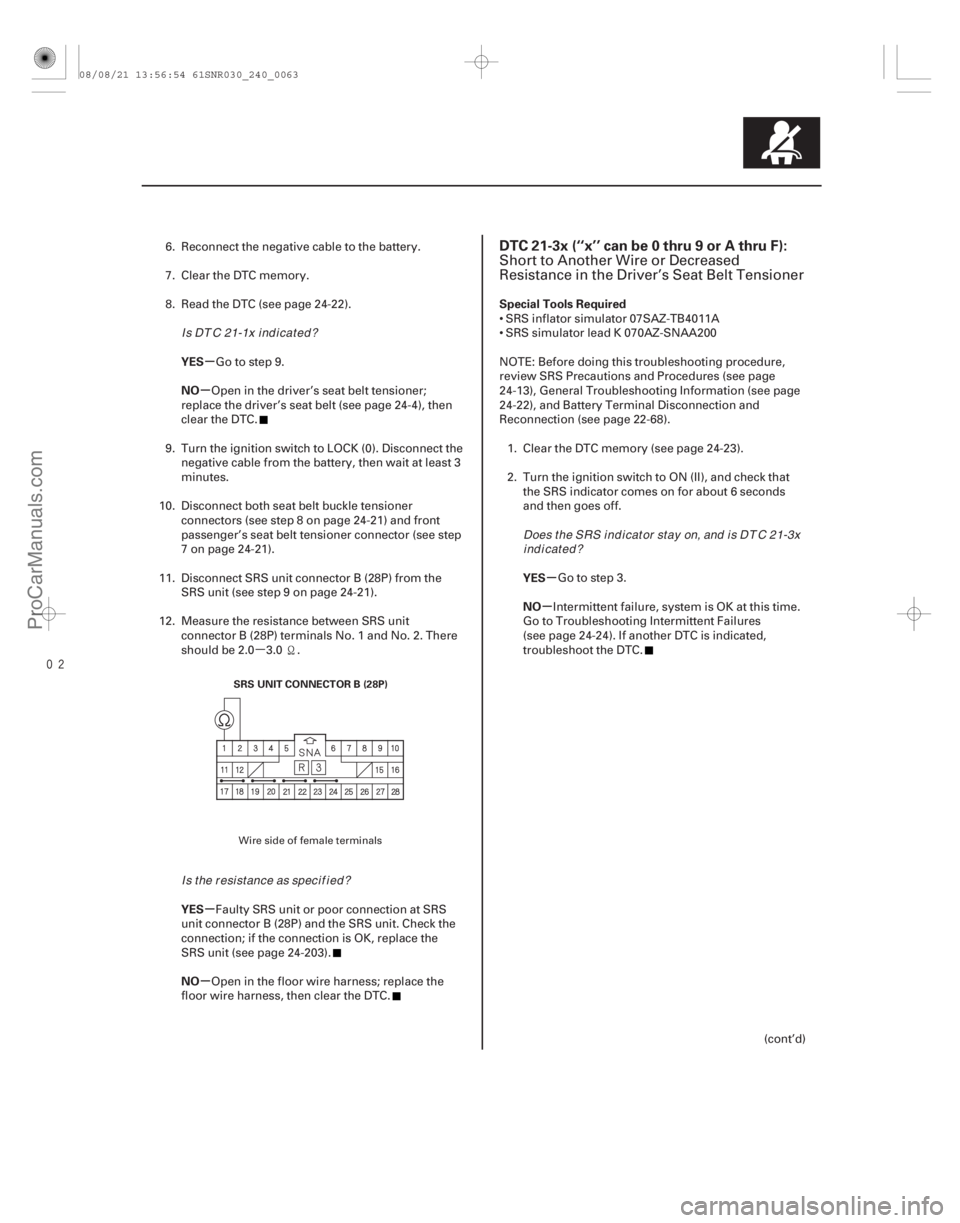 ACURA CSX 2006  Service Repair Manual µ

(# 

-)
µ
µ
µ
µ µ
µ
YES
NO
YES
NO Special Tools Required
YES
NO
DTC 21-3x (‘‘x’’ can be 0 thru 9 or A thru F):
24-6324-63
SRS UN