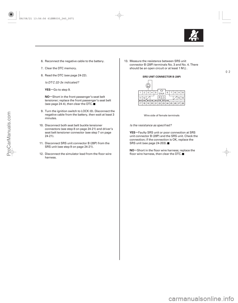 ACURA CSX 2006  Service Repair Manual 
µ
µ
µ
µ
YES
NO
YES
NO
24-71
SRS UNIT CONNECTOR B (28P)
6. Reconnect the negative cable to the battery.
7. Clear the DTC memory.
8. Read the DTC (see page 24-22).Go to step 9.
Short in the