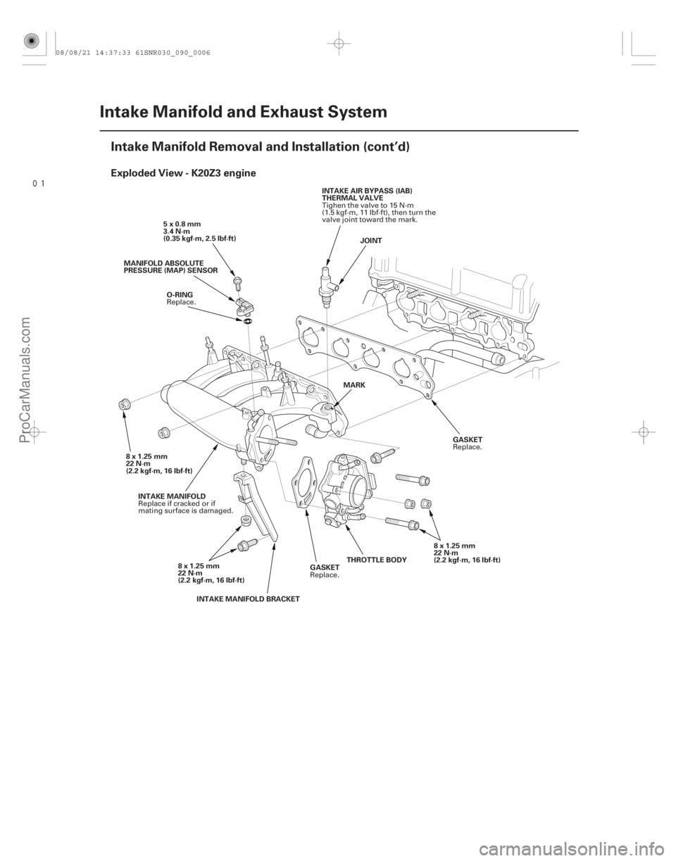 ACURA CSX 2006  Service Owners Manual 
(#
 )
Exploded View - K20Z3 engine
9-6Intake Manifold and Exhaust System
Intake Manifold Removal and Installation (cont’d)
JOINT
GASKET
5x0.8mm
3.4 N