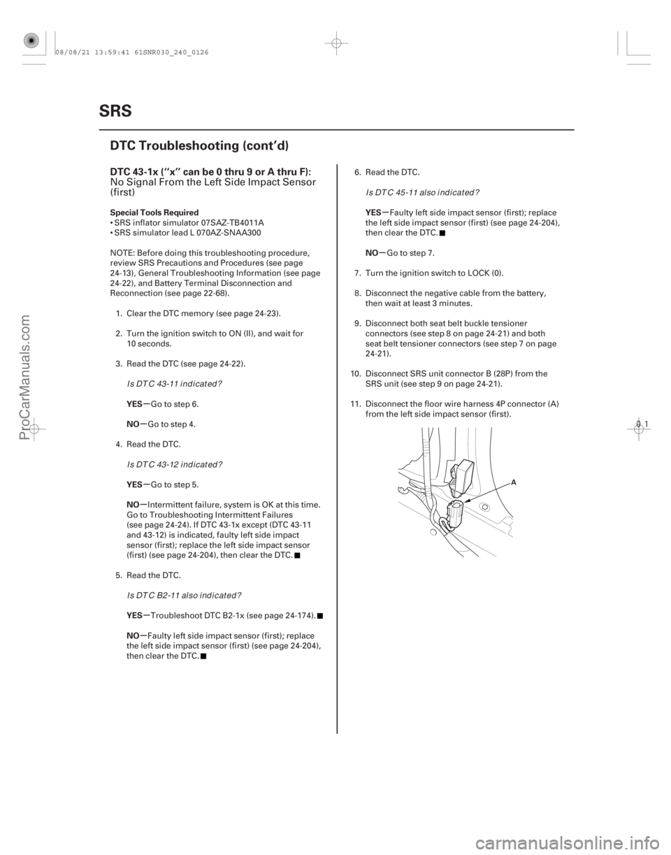 ACURA CSX 2006  Service Repair Manual 
(# 

-)
µ
µ
µ
µ
µ
µ µ
µ
DTC 43-1x (‘‘x’’ can be 0 thru 9 or A thru F):
Special Tools Required
YES
NO
YES
NO
YES
NO YES
NO
24-126
