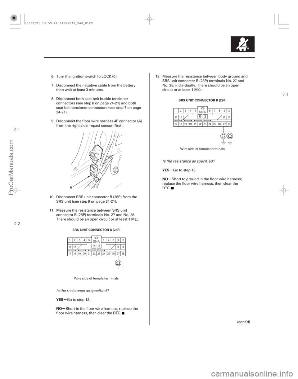 ACURA CSX 2006  Service Repair Manual 

µ
µ µ
µ
YES
NO YES
NO
24-129
A
SRS UNIT CONNECTOR B (28P) SRS UNIT CONNECTOR B (28P)
6. Turn the ignition switch to LOCK (0).
7. Disconnect the negative cable from the battery,
t