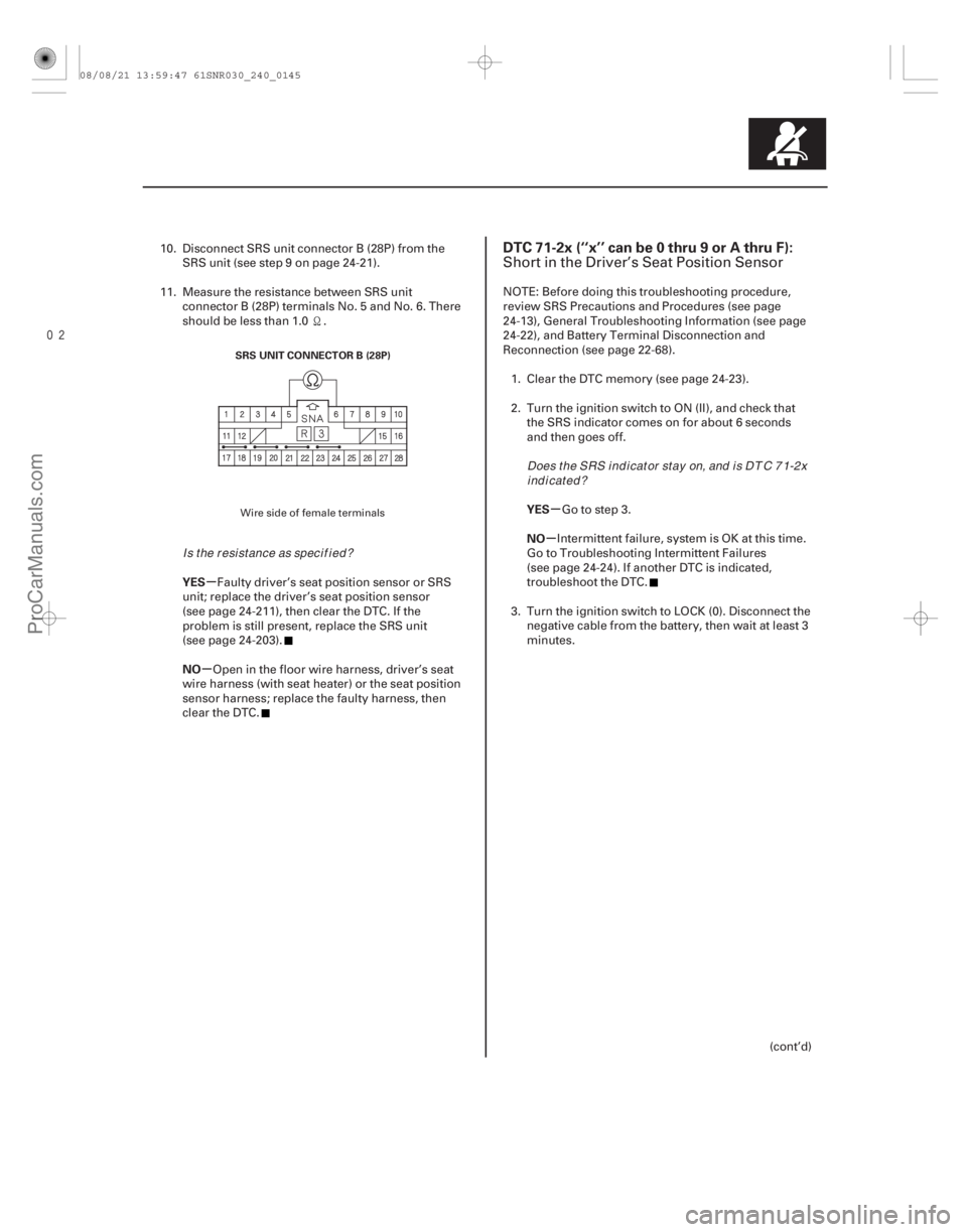 ACURA CSX 2006  Service Repair Manual 
(# 

-)
µ
µ µ
µ
YES
NO YES
NO
DTC 71-2x (‘‘x’’ can be 0 thru 9 or A thru F):
24-14524-145
SRS UNIT CONNECTOR B (28P)
10. Disconnect SRS 