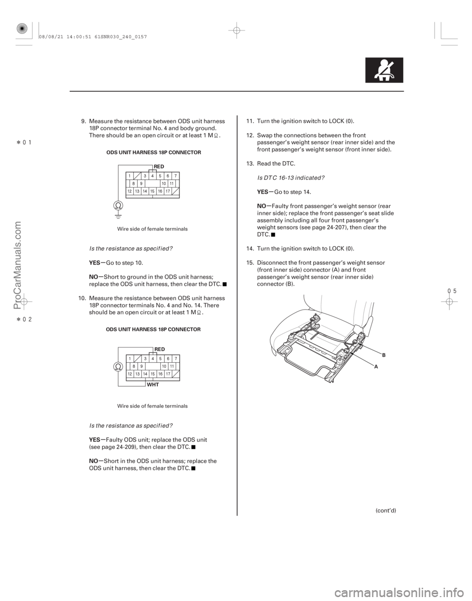 ACURA CSX 2006  Service Repair Manual Î
Î
µ
µ
µ
µ µ
µ
YES
NO
YES
NO YES
NO
24-157
ODS UNIT HARNESS 18P CONNECTOR
RED
ODS UNIT HARNESS 18P CONNECTOR RED
WHT A
B
9. Measure the resistance between ODS unit harness