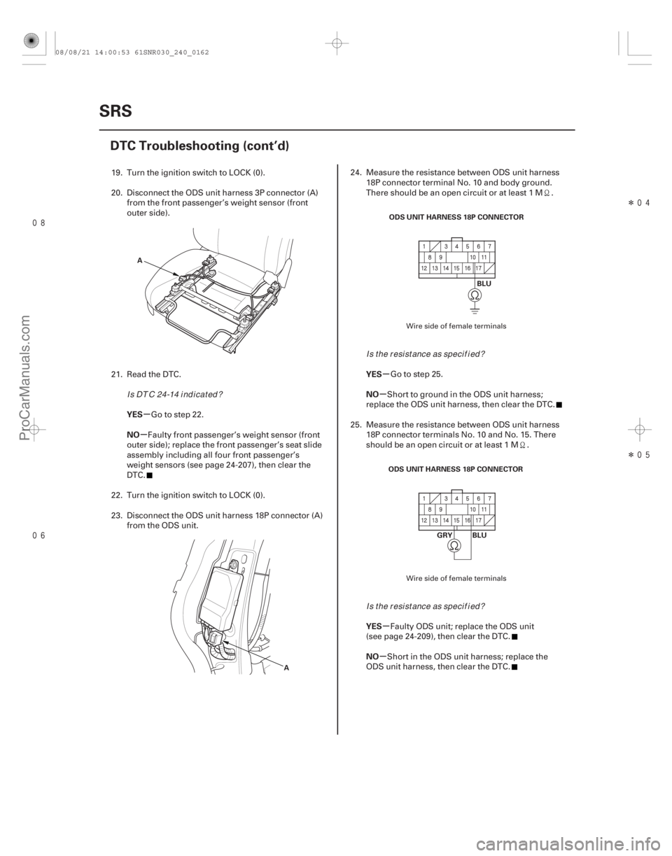 ACURA CSX 2006  Service Repair Manual 
Î
Î
µ
µ µ
µ
µ
µ
YES
NO
YES
NO
YES
NO
24-162SRS
DTC Troubleshooting (cont’d)
A
AODS UNIT HARNESS 18P CONNECTOR
BLU
ODS UNIT HARNESS 18P CONNECTOR GRY BLU
19. Turn the