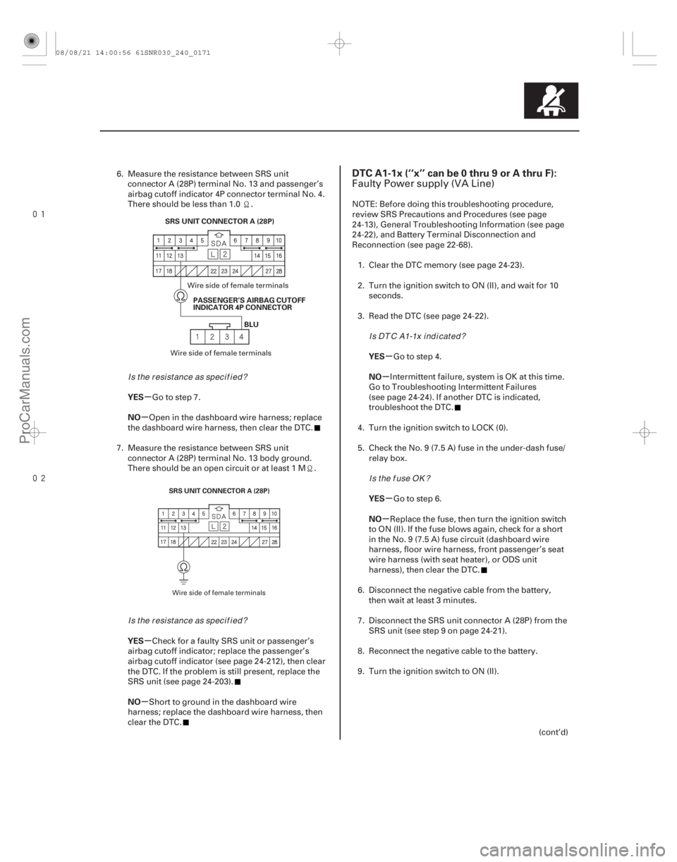 ACURA CSX 2006  Service Repair Manual 

(# 


-)
µ
µ
µ
µ µ
µ
µ
µ
YES
NO
YES
NO YES
NO
YES
NO
DTC A1-1x (‘‘x’’ can be 0 thru 9 or A thru F):
24-17124-171
SRS UNIT CO