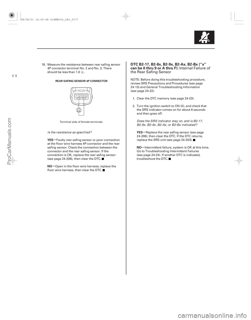 ACURA CSX 2006  Service Repair Manual 
(# 

)
µ
µ µ
µ
YES
NO YES
NO
DTC B2-17, B2-8x, B2-9x, B2-Ax, B2-Bx (‘‘x’’
can be 0 thru 9 or A thru F):
24-17724-177
REAR SAFING SENSOR