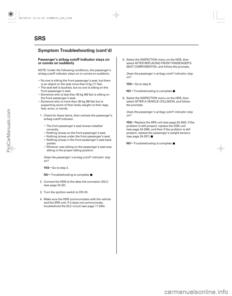 ACURA CSX 2006  Service Repair Manual (#)
µ
µ µ
µ
µ
µ
Passenger’s airbag cutoff indicator stays on
or comes on suddenly
YES
NO YES
NO
YES
NO
24-184SRS
Symptom Troubleshooting (c
