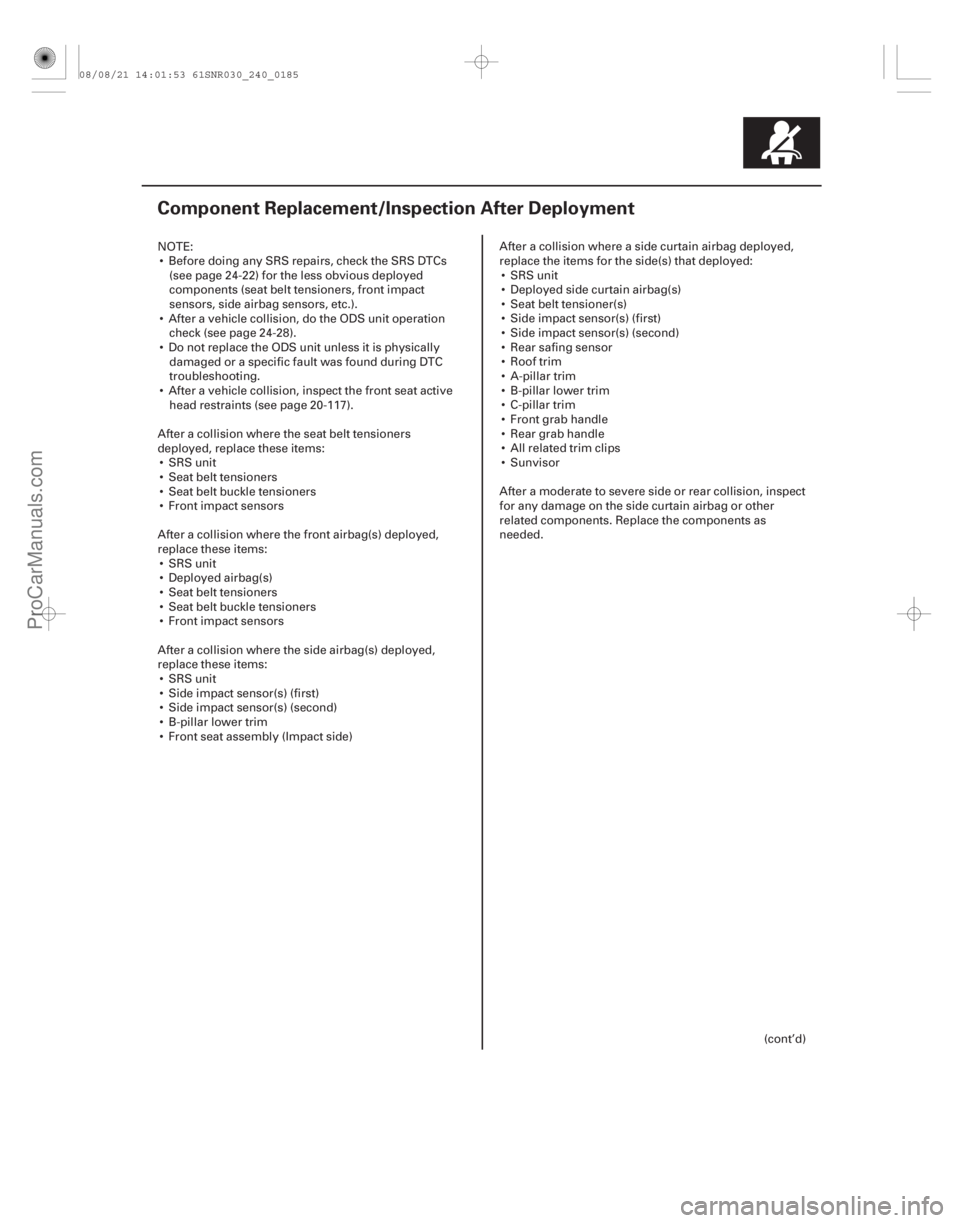 ACURA CSX 2006  Service Repair Manual (#")
24-185
Component Replacement/Inspection After Deployment
NOTE: Before doing any SRS repairs, check the SRS DTCs (see page 24-22) for the less obviou