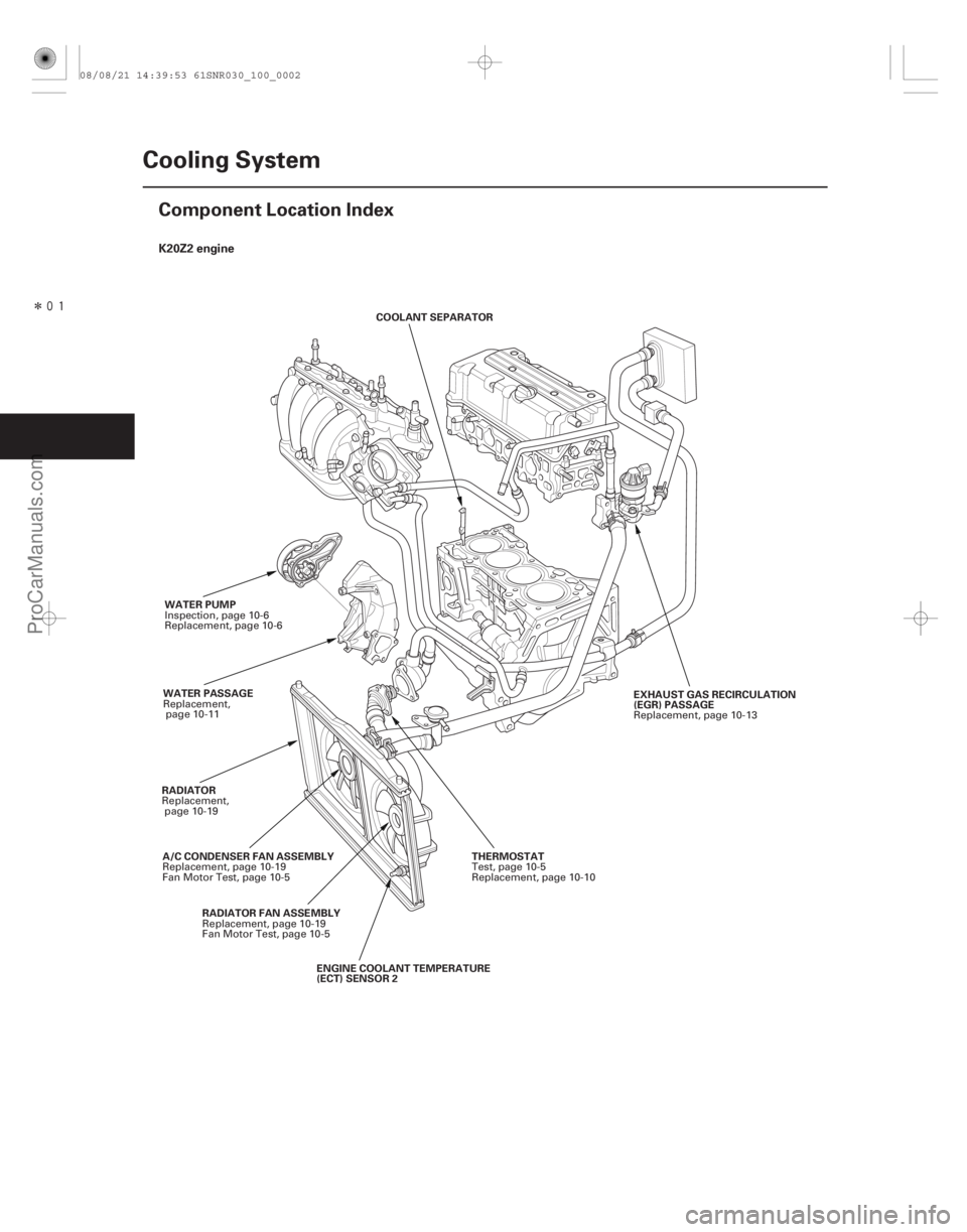 ACURA CSX 2006  Service Repair Manual Î
(#
) K20Z2 engine
10-2Cooling System
Component Location Index
THERMOSTAT
RADIATOR
ENGINE COOLANT TEMPERATURE
(ECT) SENSOR 2
WATER PUMP
A/C CONDENSE