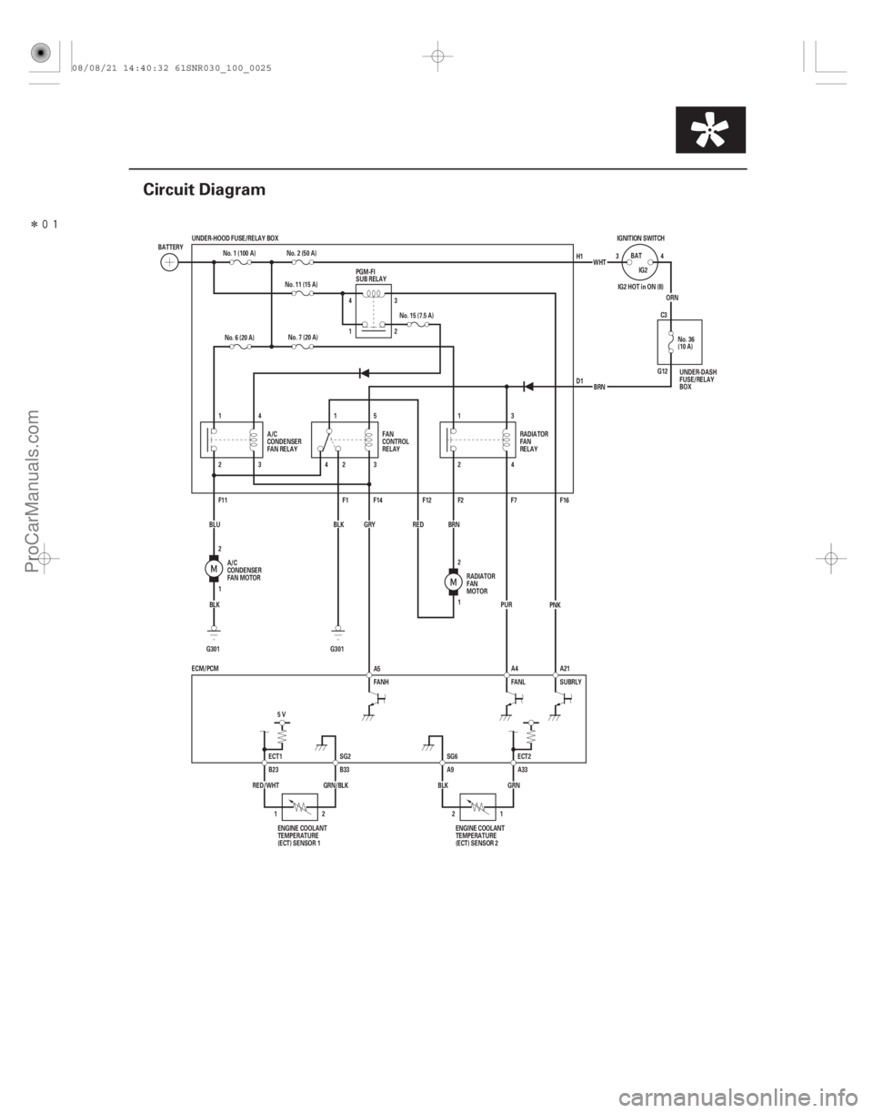 ACURA CSX 2006  Service Repair Manual Î
(#

)
10-25
Circuit Diagram
ECT2
SG6
SG2
ECT1 FANH
FANL
SUBRLY IG2HOTinON(II)
PNK
5V No. 15 (7.5 A)
A21
PUR
ECM/PCM
2G301
BLK
2
1
No. 11 (15 A)
(10 