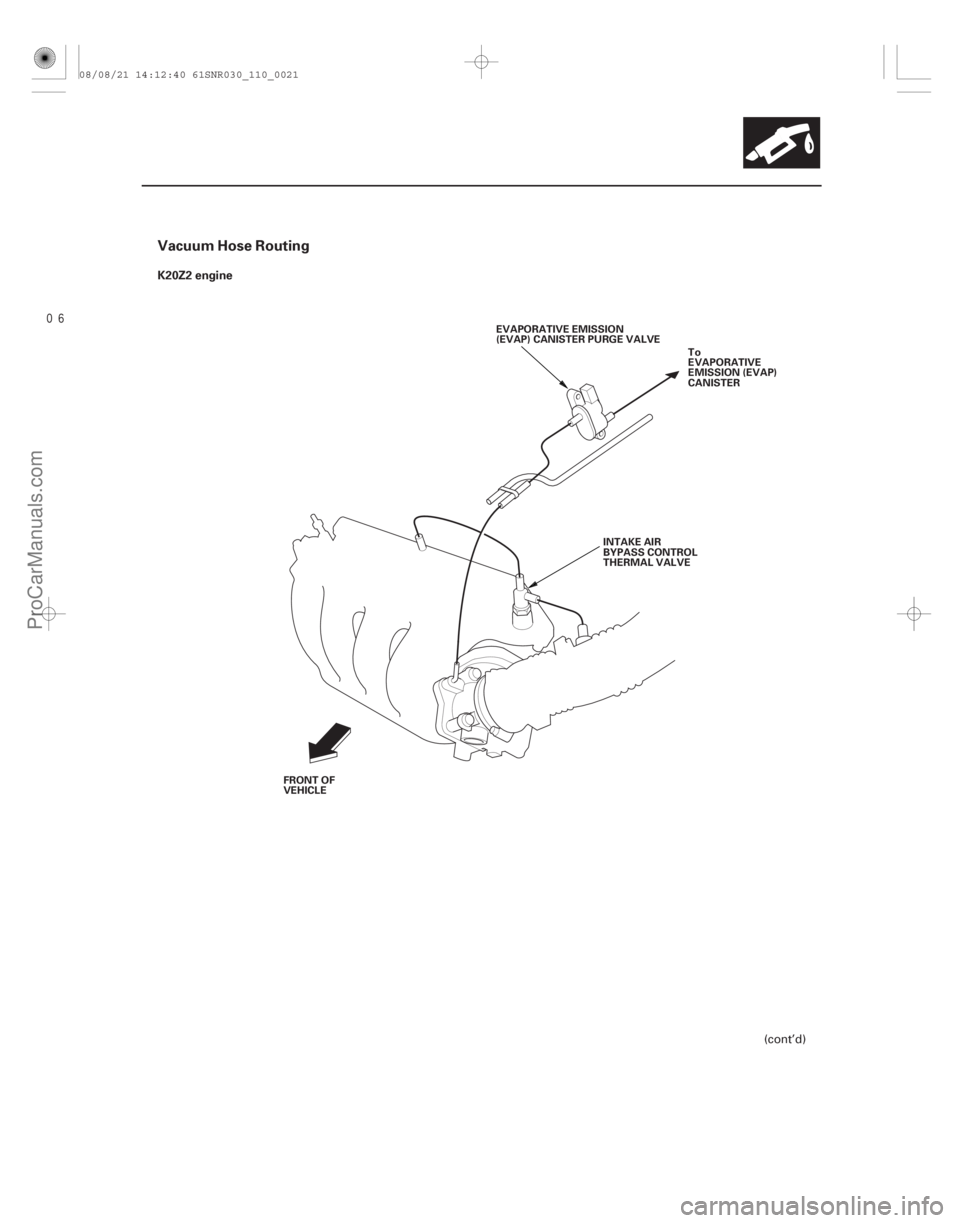 ACURA CSX 2006  Service Repair Manual 
Vacuum Hose Routing
K20Z2 engine
11-21
EVAPORATIVE EMISSION
(EVAP) CANISTER PURGE VALVETo
EVAPORATIVE
EMISSION (EVAP)
CANISTER
INTAKE AIR
BYPASS CONTROL
THERMAL VALVE
FRONT OF
VEHICLE
(cont’d)
