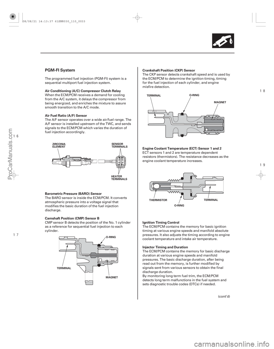 ACURA CSX 2006  Service Owners Guide 






PGM-FI System
Air Conditioning (A/C) Compressor Clutch Relay
Air Fuel Ratio (A/F) Sensor
Barometric Pressure (BARO) Sensor
Camshaft Position (CMP) Sensor BCrankshaft Position (CKP) 