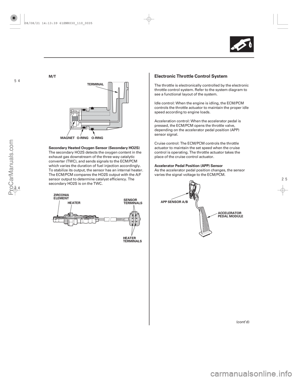 ACURA CSX 2006  Service Workshop Manual 

M/T
Secondary Heated Oxygen Sensor (Secondary HO2S)
Accelerator Pedal Position (APP) Sensor
Electronic Throttle Control System
11-35
TERMINAL
MAGNET O-RING O-RING
ZIRCONIA
ELEMENT SENSOR