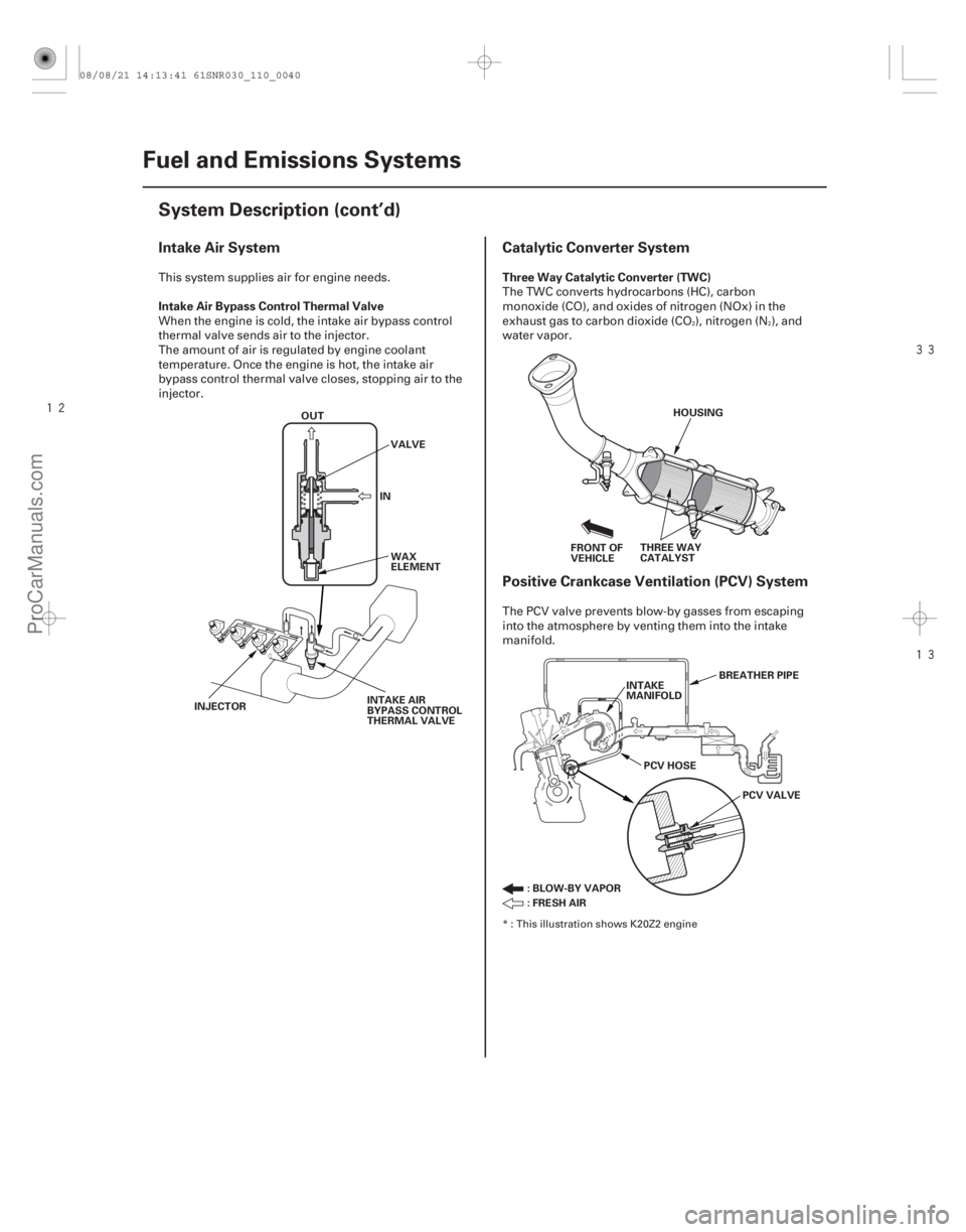 ACURA CSX 2006  Service Repair Manual 



Intake Air System
Catalytic Converter System
Positive Crankcase Ventilation (PCV) System
Intake Air Bypass Control Thermal Valve Three Way Catalytic Converter (TWC)
11-40Fuel and Emissio