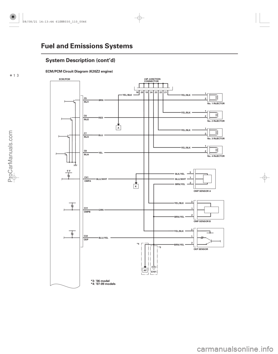 ACURA CSX 2006  Service Repair Manual Î
ECM/PCM Circuit Diagram (K20Z2 engine)
11-46Fuel and Emissions Systems
System Description (cont’d)
YEL/BLK YEL/BLK
YEL/BLK
YEL/BLK
YEL/BLK
YEL/BLK BRN/YEL
BRN/YEL
G101 3
1 2
3
1 2
YEL
BLU RED