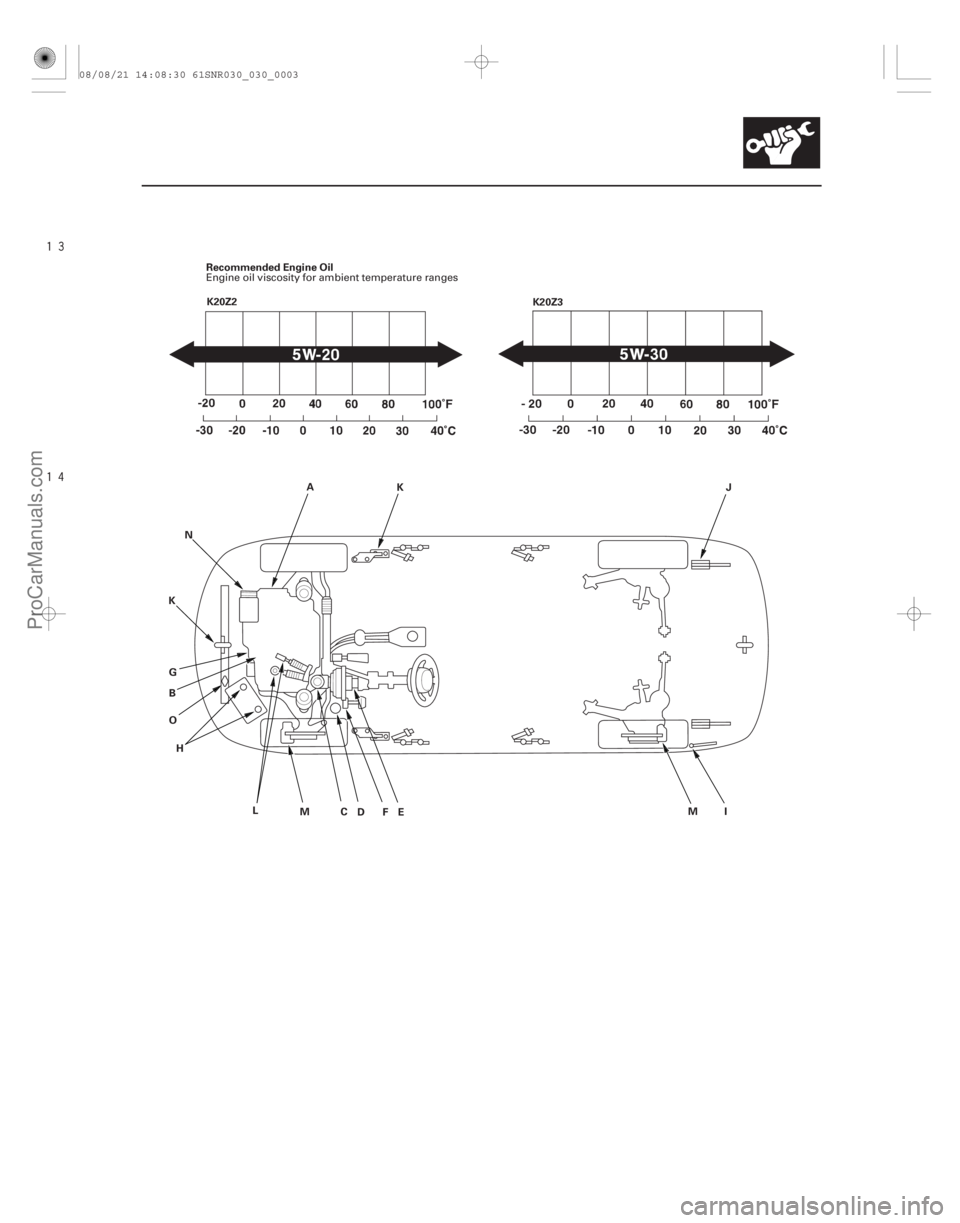 ACURA CSX 2006  Service Service Manual 



3-3
K20Z3
Recommended Engine Oil
K20Z2
A
B CDE F
G
K
M
L
N
I
H K
J
M
O Engine oil viscosity for ambient temperature ranges
08/08/21 14:08:30 61SNR030_030_0003
ProCarManuals.com
DYNOMITE  -20