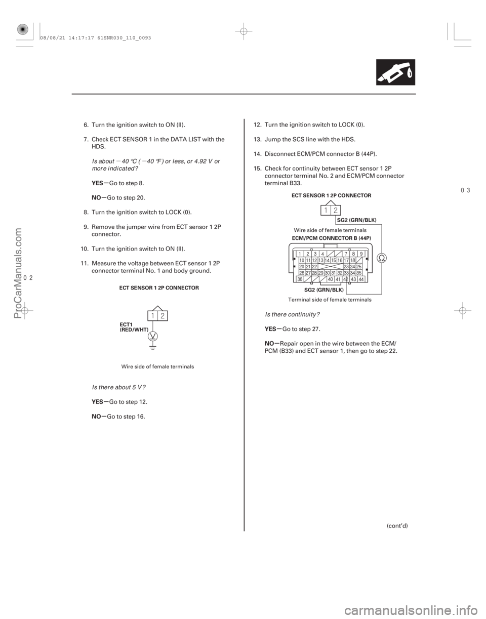 ACURA CSX 2006  Service Repair Manual µµ
 
µ
µ
µ
µ µ
µ
YES
NO
YES
NO
YES
NO
11-93
ECT SENSOR 1 2P CONNECTOR
ECT1
(RED/WHT) ECT SENSOR 1 2P CONNECTOR
ECM/PCM CONNECTOR B (44P) SG2 (GRN/BLK)
SG2 (GRN/BLK)
6. Turn the