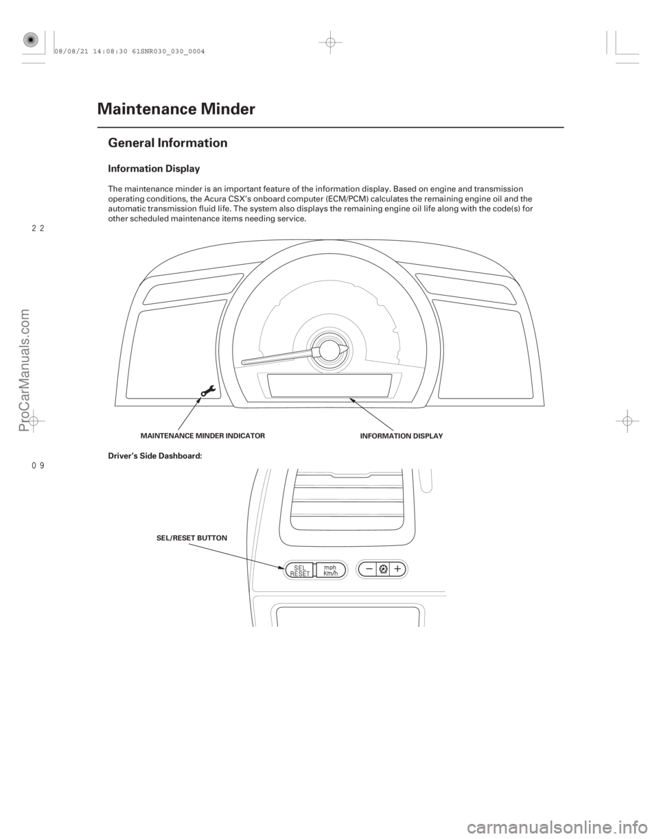 ACURA CSX 2006  Service Service Manual 
(#)
Information Display
Driver’s Side Dashboard:
3-4Maintenance Minder
General Information
MAINTENANCE MINDER INDICATOR
INFORMATION DISPLAY
SE