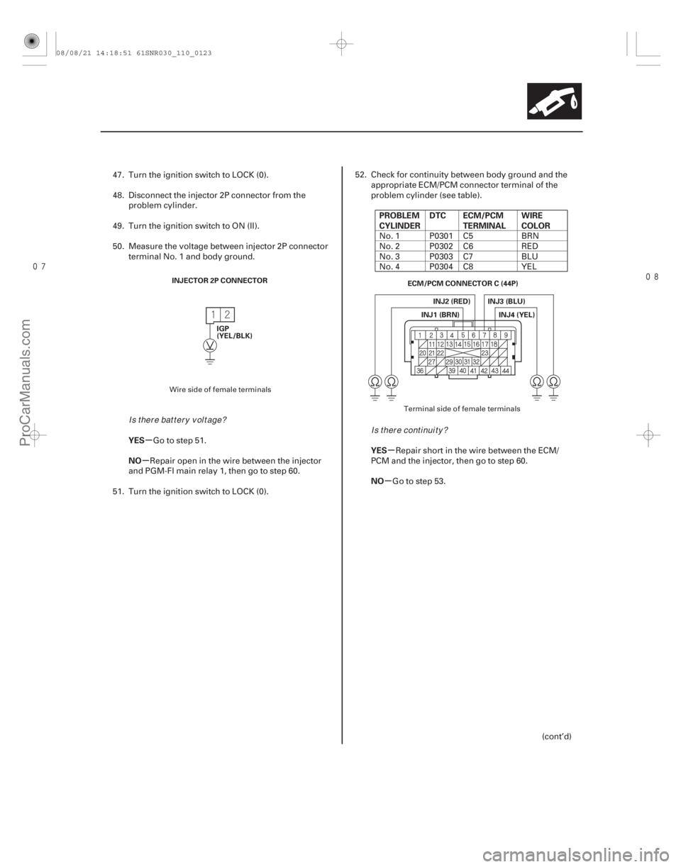 ACURA CSX 2006  Service Workshop Manual 
µ
µ µ
µ
YES
NO PROBLEM
CYLINDER
DTC ECM/PCM
TERMINAL WIRE
COLOR
YES
NO
11-123
INJECTOR 2P CONNECTOR IGP
(YEL/BLK) ECM/PCM CONNECTOR C (44P)
INJ4 (YEL)
INJ1 (BRN) INJ2 (RED) INJ3 (BLU)