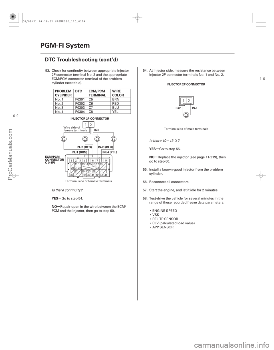 ACURA CSX 2006  Service Repair Manual µ


µ
µ µ
µ
PROBLEM
CYLINDER
DTC ECM/PCM
TERMINAL WIRE
COLOR
YES
NO YES
NO
11-124PGM-FI System
DTC Troubleshooting (cont’d)
INJ
ECM/PCM
CONNECTOR
C (44P) INJECTOR 2P CONNECTOR
INJ2 