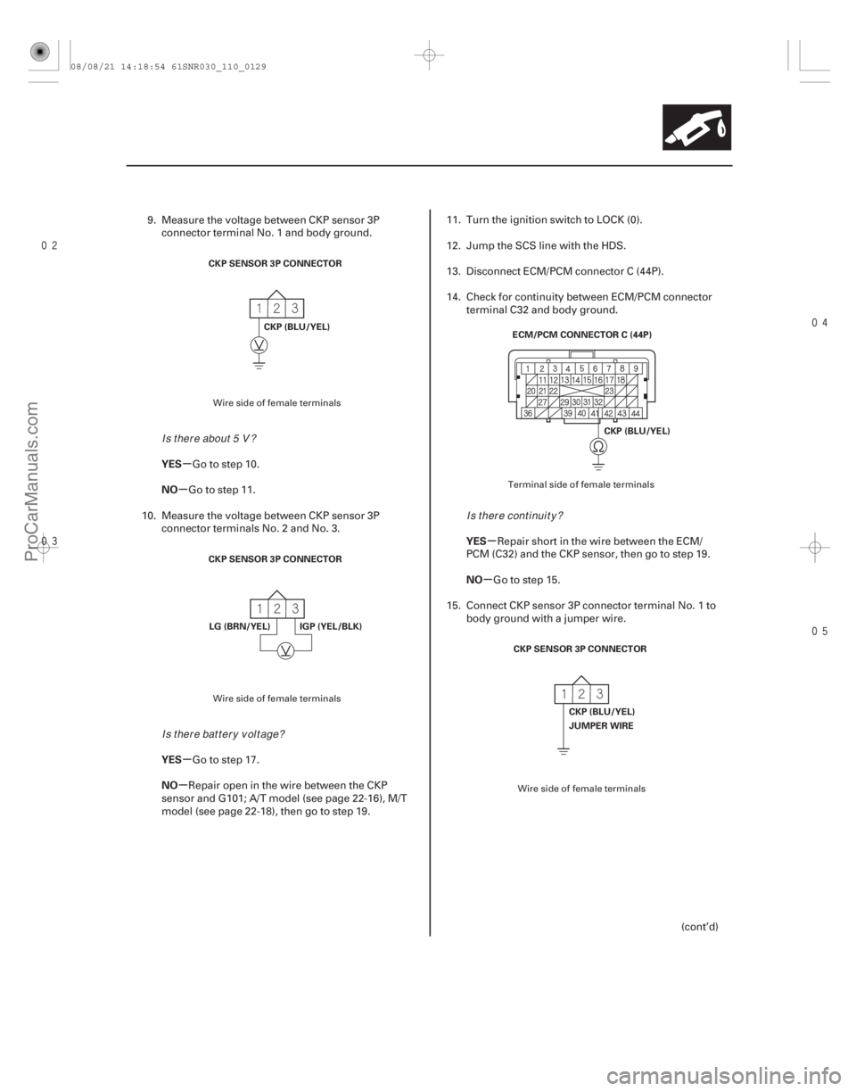 ACURA CSX 2006  Service Repair Manual 


µ
µ
µ
µ µ
µ
YES
NO
YES
NO YES
NO
11-129
CKP SENSOR 3P CONNECTOR
CKP (BLU/YEL)
CKP SENSOR 3P CONNECTOR IGP (YEL/BLK)
LG (BRN/YEL) ECM/PCM CONNECTOR C (44P)
CKP (BLU/YEL)
