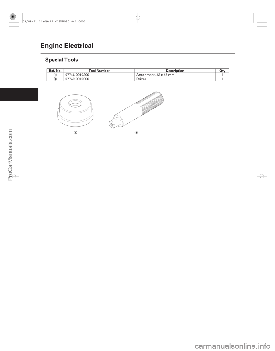 ACURA CSX 2006  Service Service Manual 

(#
%)Ref. No. Tool Number Description Qty
4-2
Engine Electrical
Special Tools
07746-0010300
Attachment, 42 x 47 mm 1
07749-0010000 Driver 1
08/08/