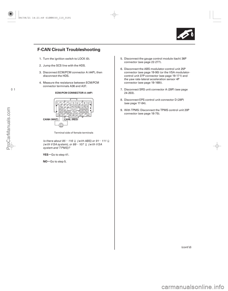 ACURA CSX 2006  Service Repair Manual µµ
µ

(#)
µ
µ
YES
NO
11-191
F-CAN Circuit Troubleshooting
ECM/PCM CONNECTOR A (44P)
CANL (RED)
CANH (WHT)
1. Turn the ignition switch to LOC