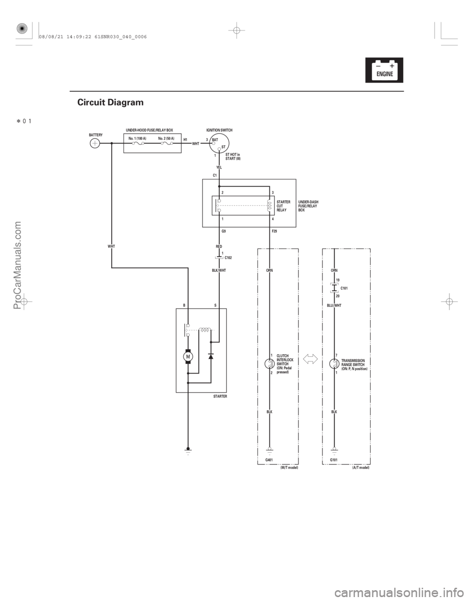 ACURA CSX 2006  Service Repair Manual Î
(#)
4-5
Circuit Diagram
G401BLK
ORN
(M/T model) BLK
BLU/WHT
G101ORN
RED
No. 1 (100 A)
IGNITION SWITCH
BAT ST
No. 2 (50 A)
BATTERY UNDER-HOOD FUSE/