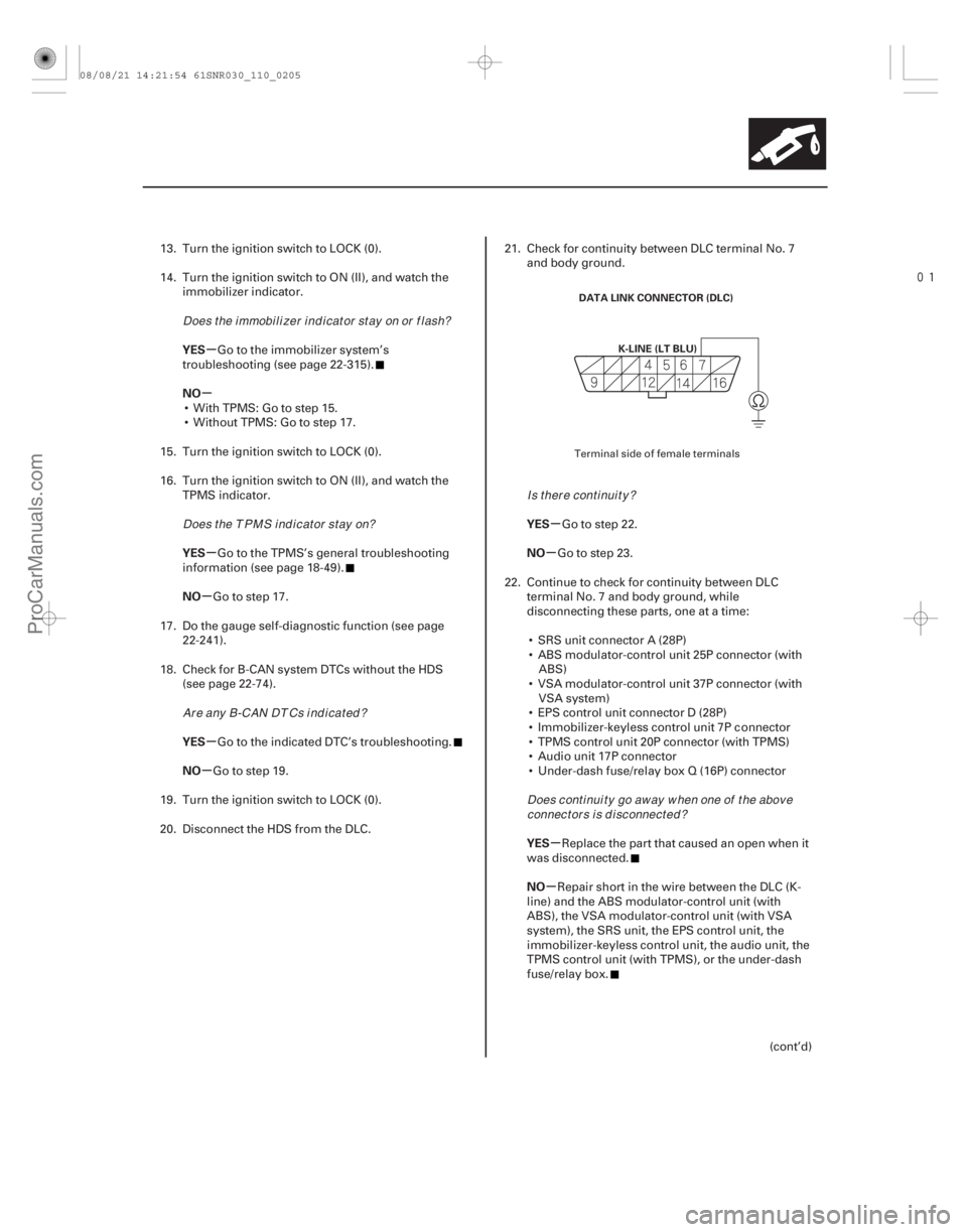 ACURA CSX 2006  Service Manual PDF 
µ
µ
µ
µ
µ
µ µ
µ
µ
µ
YES
NO
YES
NO
YES
NO
YES
NO
YES
NO
11-205
DATA LINK CONNECTOR (DLC)
K-LINE (LT BLU)
13. Turn the ignition switch to LOCK (0).
14. Turn the ignition switch 
