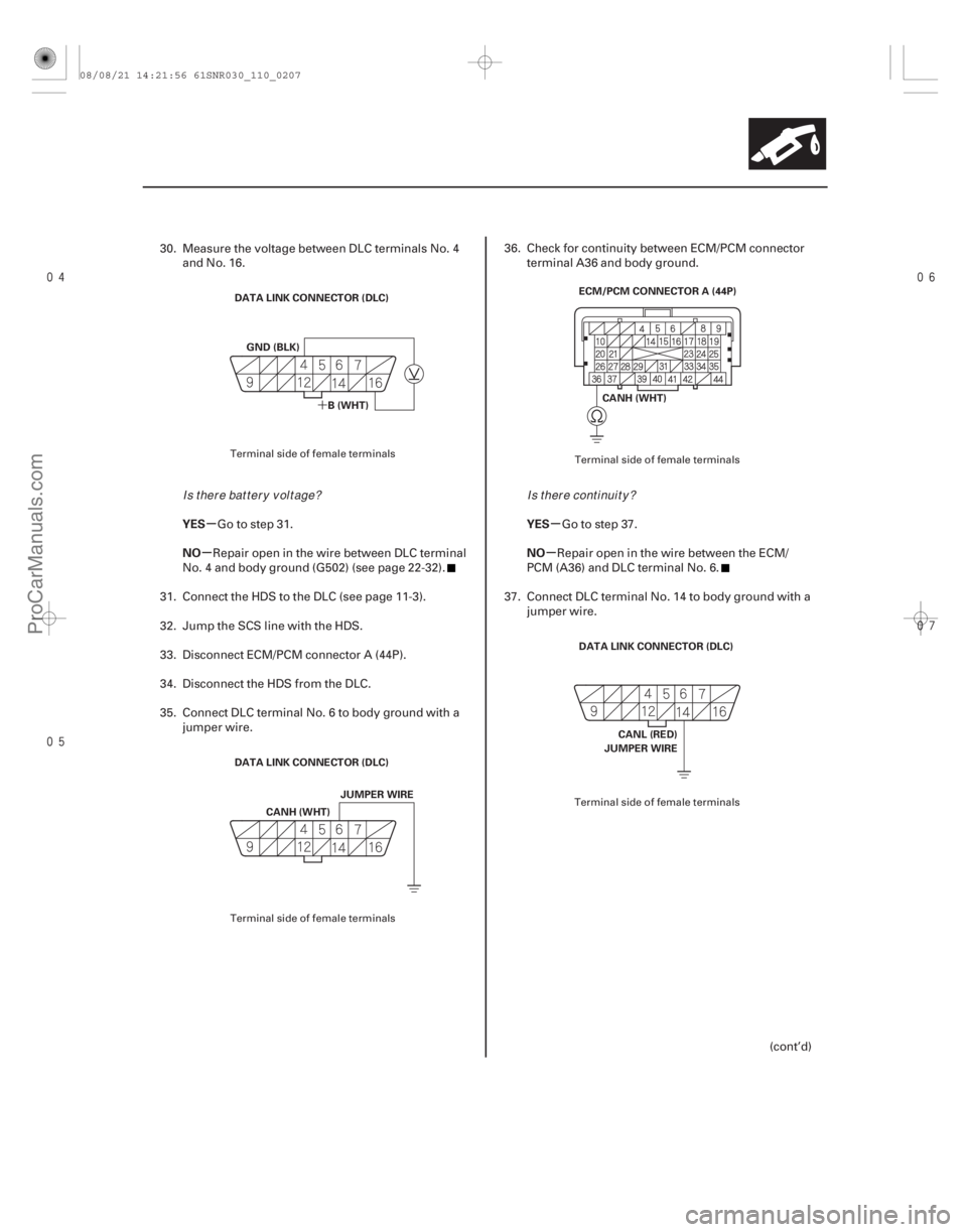 ACURA CSX 2006  Service Repair Manual 


´
µ
µ µ
µ
YES
NO YES
NO
11-207
DATA LINK CONNECTOR (DLC)
B(WHT)
GND (BLK)
DATA LINK CONNECTOR (DLC) JUMPER WIRE
CANH (WHT) ECM/PCM CONNECTOR A (44P)
CANH (WHT)
DATA LINK C