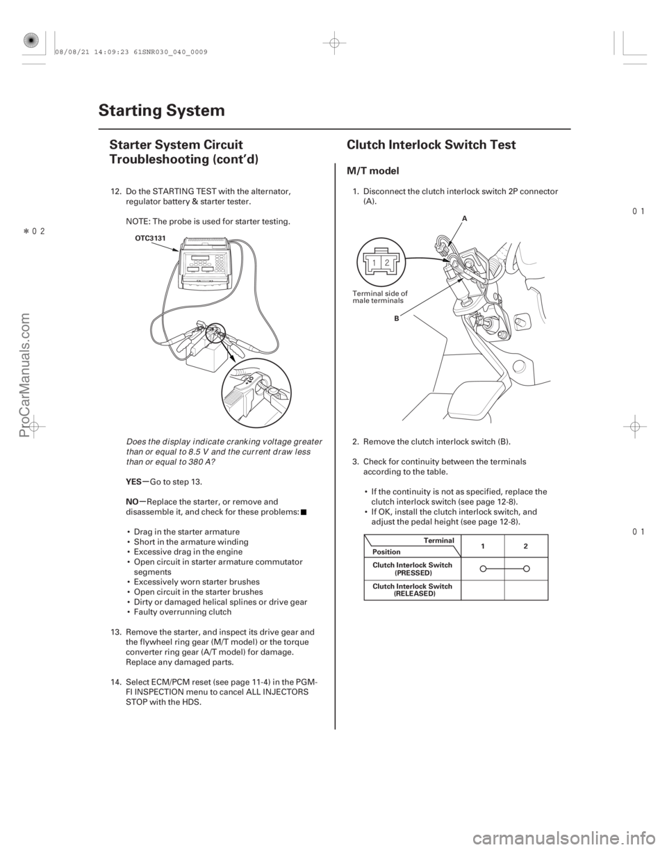 ACURA CSX 2006  Service Repair Manual Î

(#

)
µ
µ
YES
NO
M/T model
4-84-8 Starting System
Starter System Circuit
Troubleshooting (cont’d)
Clutch Interlock Switch Test
OTC31