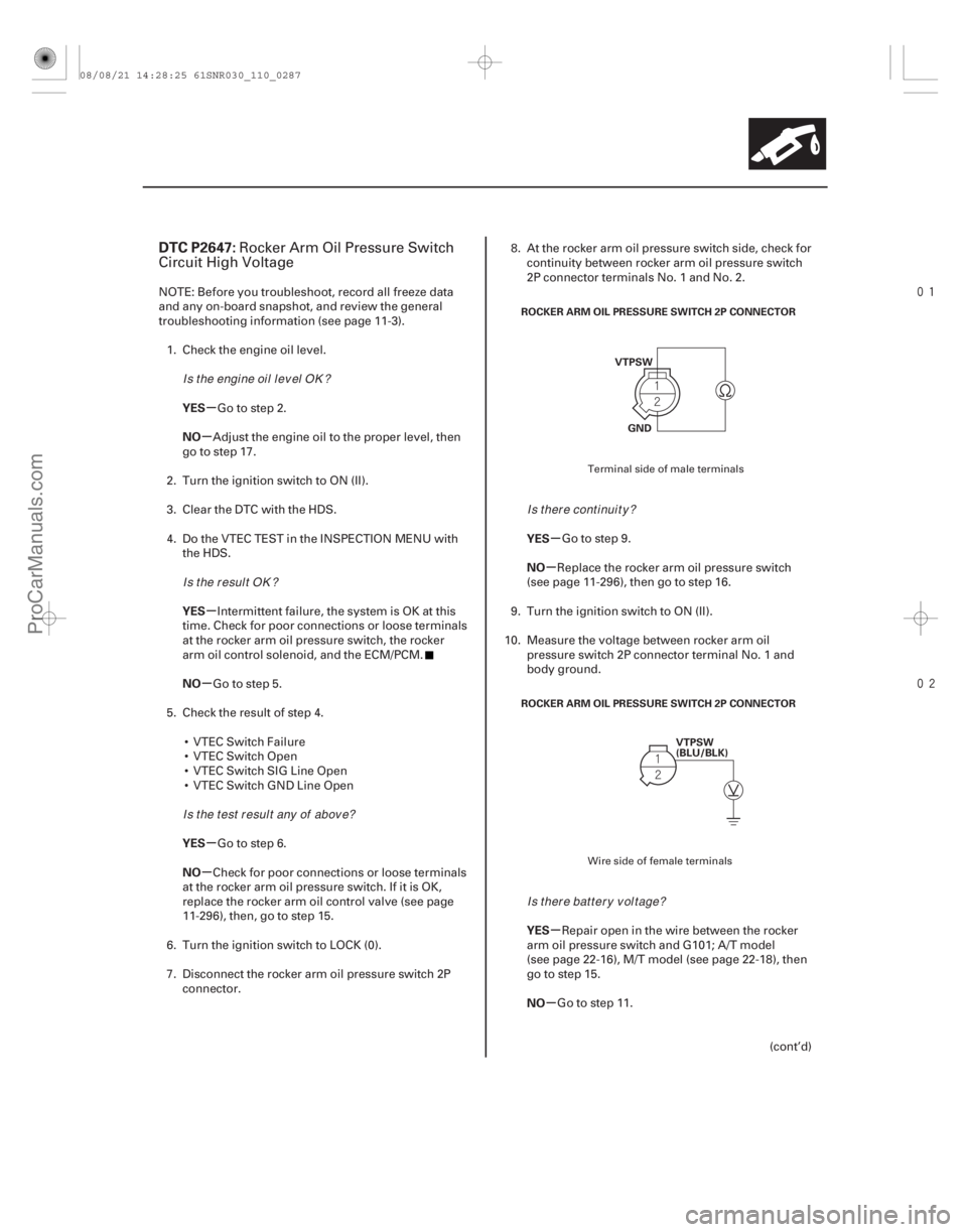 ACURA CSX 2006  Service Repair Manual 

(# 
)
µ
µ
µ
µ
µ
µ µ
µ
µ
µ
DTC P2647:
YES
NO
YES
NO
YES
NO YES
NO
YES
NO
11-287
ROCKER ARM OIL PRESSURE SWITCH 2P CONNECTOR
VT