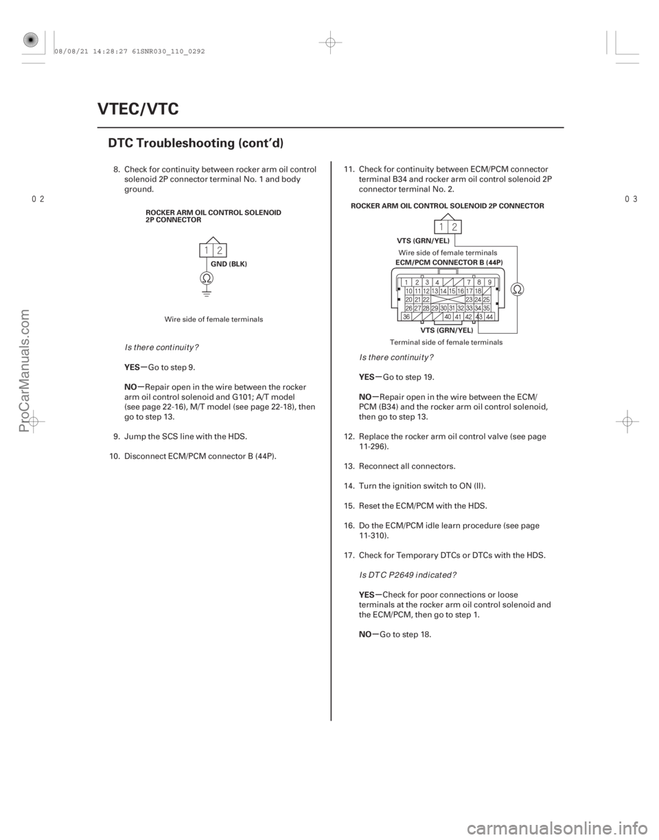 ACURA CSX 2006  Service Repair Manual 
µ
µ µ
µ
µ
µ
YES
NO
YES
NO
YES
NO
11-292VTEC/VTC
DTC Troubleshooting (cont’d)
GND (BLK)
ROCKER ARM OIL CONTROL SOLENOID
2P CONNECTOR
ROCKER ARM OIL CONTROL SOLENOID 2P CONNECTOR
